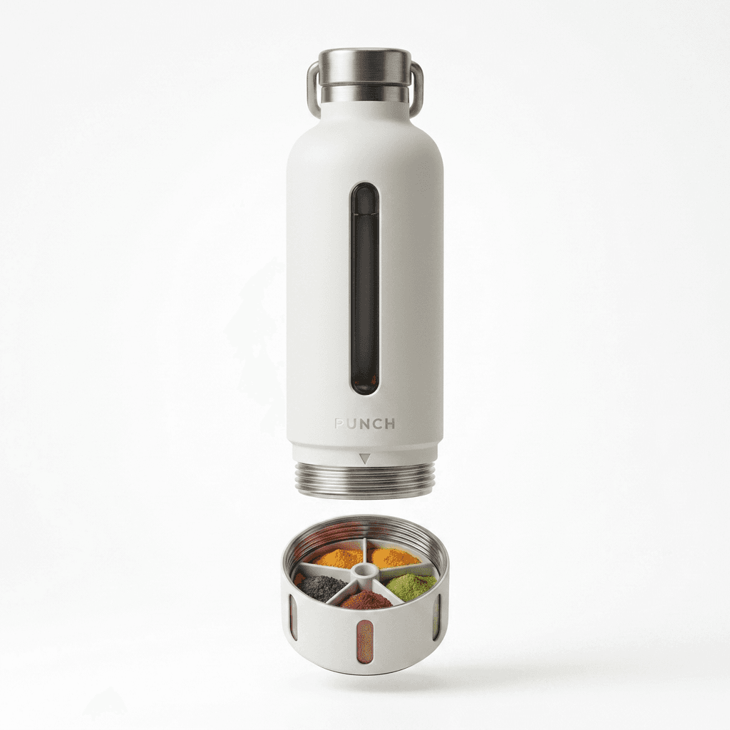 Bottle lifted off the base tray — five powder compartments exposed