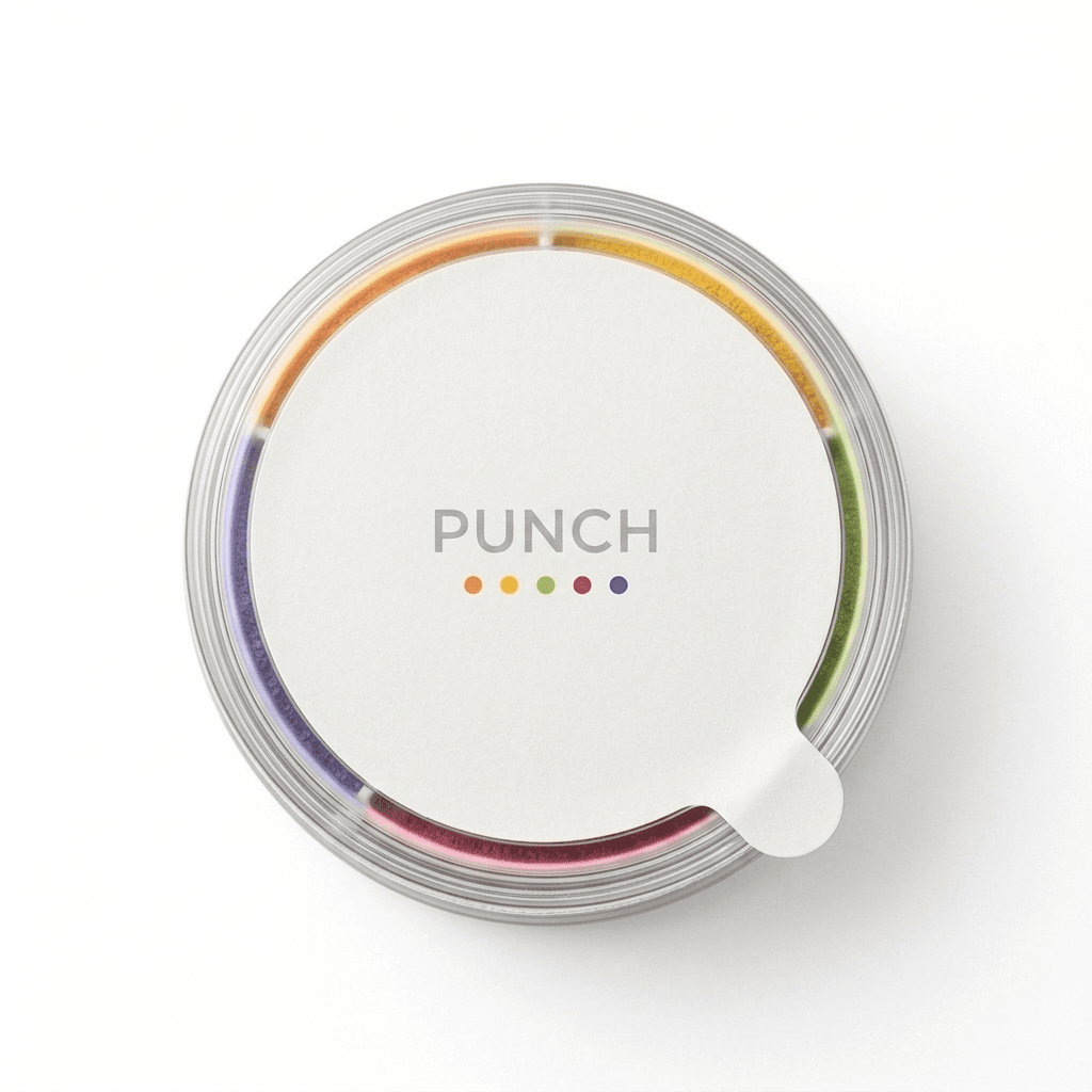 Sealed insert from above — the PUNCH lid with its peel tab, five blends showing through the clear wall